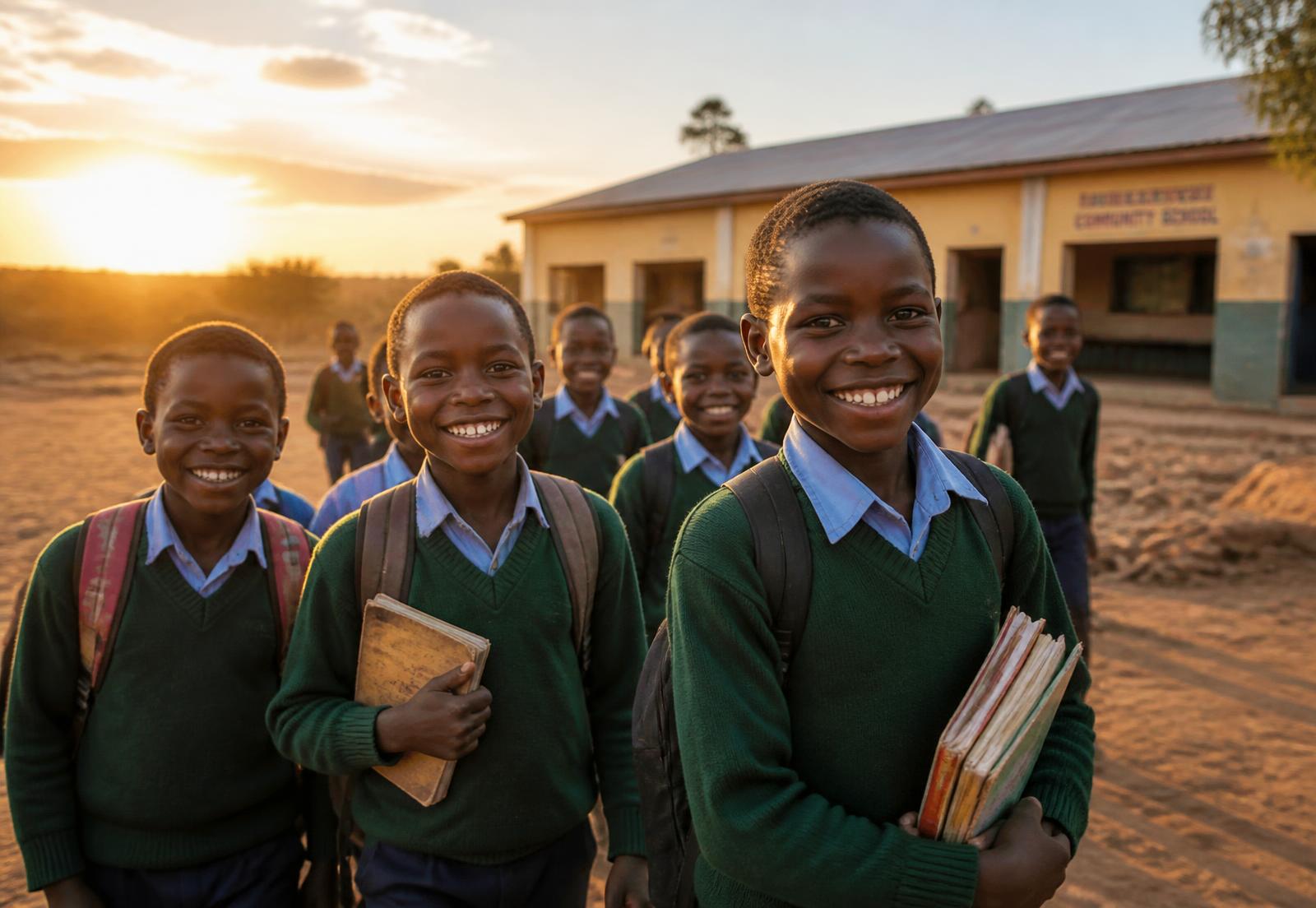 Zambian schoolchildren smiling outside their community school at sunrise